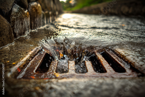 Water flows into a storm drain hatch during a heavy rainfall in an urban setting