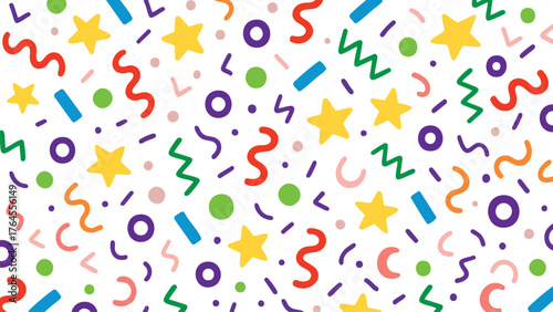 Abstract geometric confetti seamless pattern. Colourful confetti shapes for party celebration and festive events. modern background with playful shapes, circles, triangles, and curves. Vector 