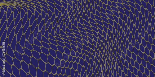 Yellow geunge vector illustration featuring a hexagonal mesh pattern warped into a wavy, curved form resembling DNA structure. background