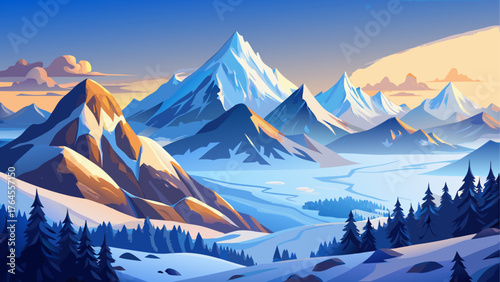 Snow-covered mountains under clear blue sky, morning mist rising from valleys, golden sunlight touching icy peaks, breathtaking winter panorama