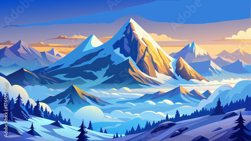 Snow-covered mountains under clear blue sky, morning mist rising from valleys, golden sunlight touching icy peaks, breathtaking winter panorama