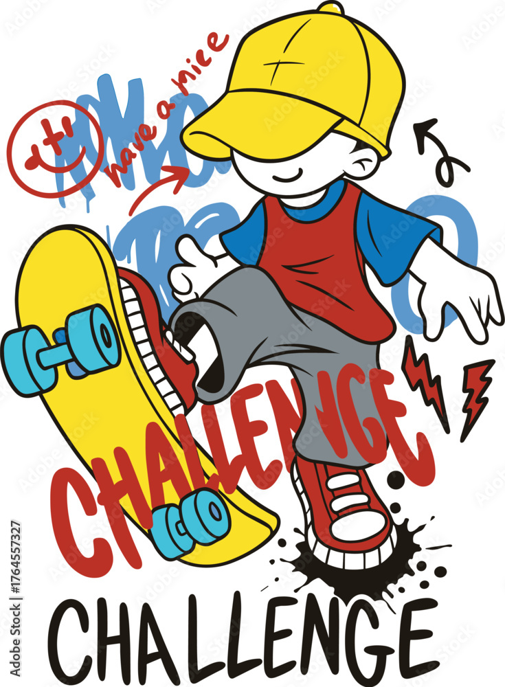 Obraz premium Cartoon boy in yellow cap skateboarding with text challenge and graffiti elements Keywords: boy, skateboarding, skateboard, challenge, text, graffiti