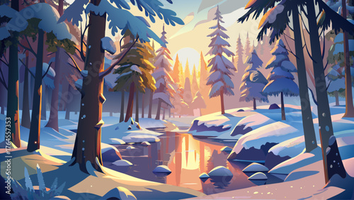Peaceful snowy forest under soft morning light, tall pine trees covered in white snow, frozen stream reflecting golden sunlight, quiet and magical winter atmosphere