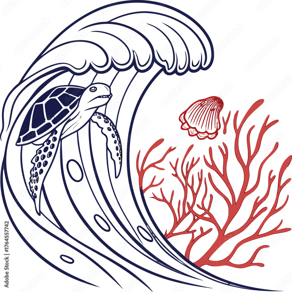 Naklejka premium Illustration of a sea turtle swimming under a large wave with coral and a shell in the background art