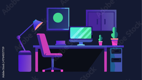 A minimalist studio space showcasing a graphical workstation with a neon color palette ambient lighting and a comfortable ergonomic chair.