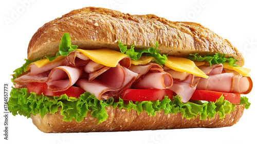 Ciabatta sandwich with lettuce, tomatoes prosciutto and cheese isolated on white background