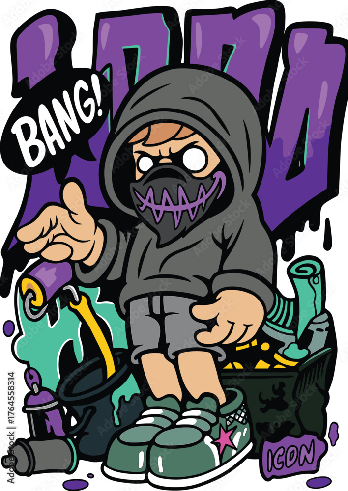 Obraz premium Cartoon graffiti artist in hoodie with spray paint and word BANG Keywords: graffiti, artist, cartoon, character, spray paint, can, paint, roller