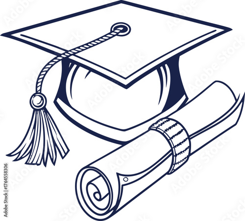 Illustration of a graduation cap with tassel and a rolled diploma tied with a decorative ribbon