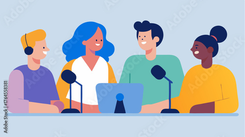 A diverse group of podcast hosts sitting around a table with microphones engaging in a lively discussion with speech bubbles and audio cues.