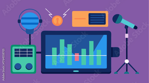 A stylish studio showcasing a dualmicrophone setup with a digital tablet displaying recording software and sound wave visualizations onscreen.