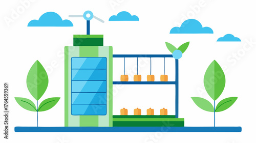 A vertical farming system with a focus on energyefficient lighting and ventilation systems powered by renewable energy sources.