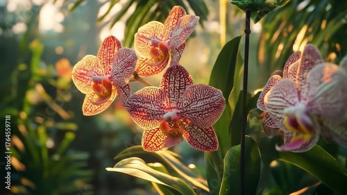 Close-up of vibrant red and white spotted orchid flowers bathed in warm golden sunlight, highlighting delicate petals and tropical beauty.