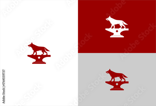 Red wolf on anvil, on white, red, gray backgrounds in the same layout