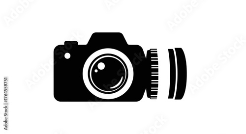 Black and White Camera Icon with Lens Detail.