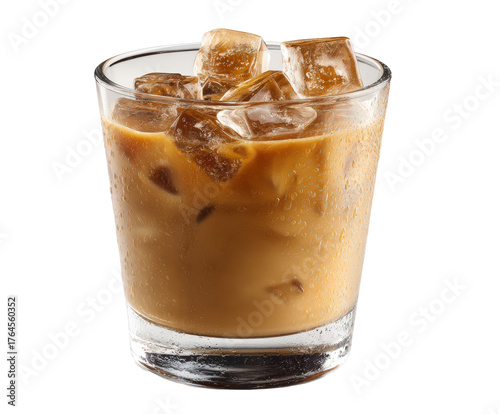 Iced coffee with milk and ice cubes in a glass isolated on transparent background