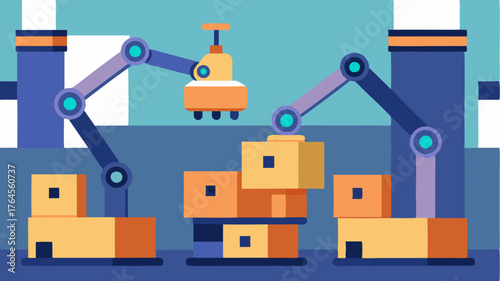 A warehouse floor filled with robotic arms autonomously sorting and redirecting packages reducing human labor and improving logistics efficiency.