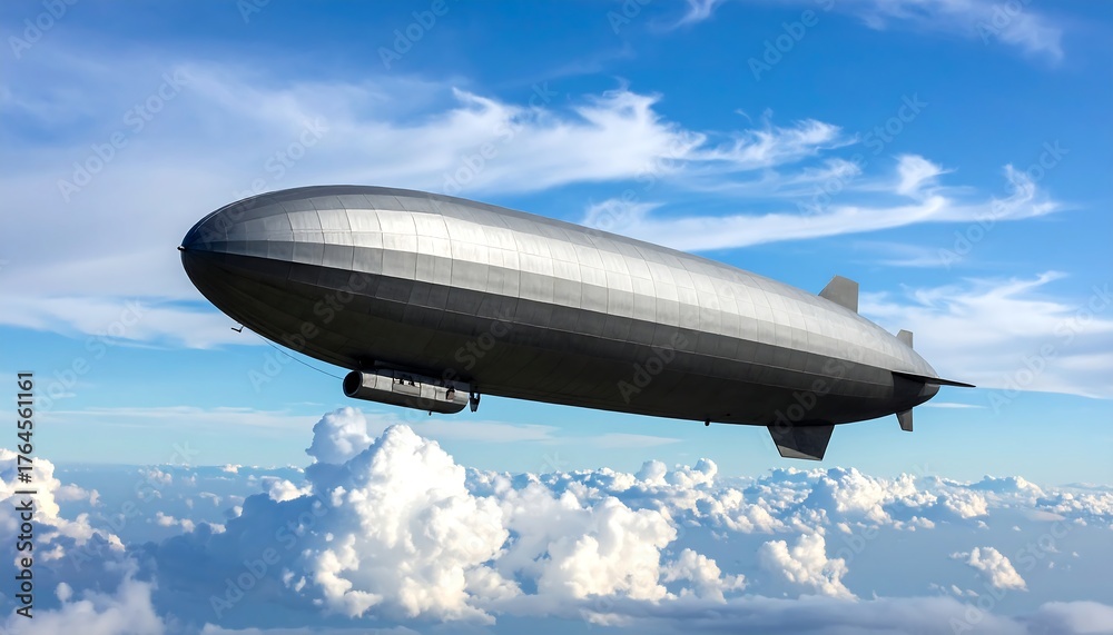Obraz premium A grey blimp floats serenely above fluffy white clouds against a vibrant blue sky on a sunny day