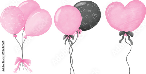 Set of balloons Watercolor Pink and Black and heart shaped. decorated with ribbons, ideal for special celebrations or events
