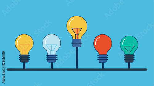 A series of light bulbs lined up on a shelf each uniquely designed and labeled with concepts like disruption innovation and growth.