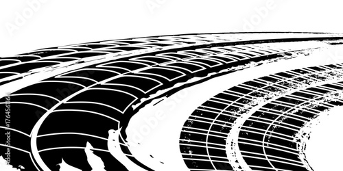Tire tread marks, wheel textures, tire marks - car racing, motocross, drift, rally, off-road and others. Vector black isolated texture in grunge style with