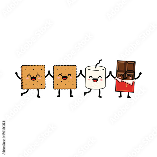 Cartoon Smores Ingredients Holding Hands - Graham Crackers, Marshmallow, and Chocolate Bar.