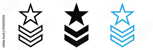 Modern star and chevron rank insignia icons for professional design and branding,Set of military rank icons isolated on white background in different styles