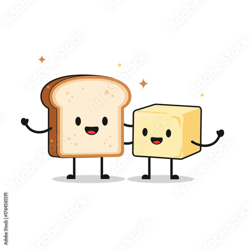 Cute Cartoon Toast and Butter Friends Illustration.
