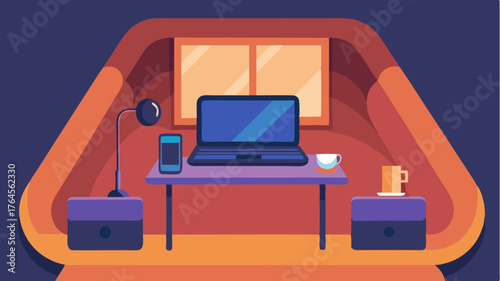 A sleek mobile editing station in a cozy nook featuring portable equipment and a laptop displaying a highresolution editing interface.