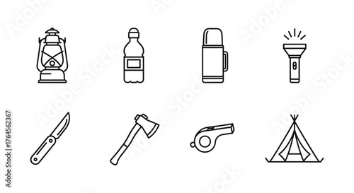 Camping icons featuring essential outdoor items such as a tent, backpack, campfire, and compass.