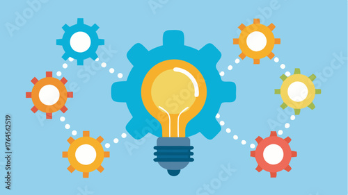 An abstract pattern of gears arranged around a central light bulb suggesting a hub of innovation with interrelated ideas.