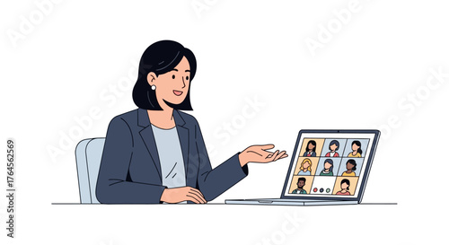 Woman on a video call with multiple participants shown on her laptop screen