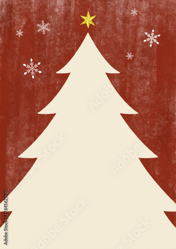 水彩のクリスマスツリーと雪の結晶の背景フレームイラスト（赤・ベージュ・縦）