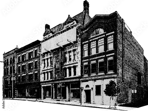 Tableau sur toile black and white graphic illustration depicts a row of vintage or historic buildings, capturing an urban streetscape theme