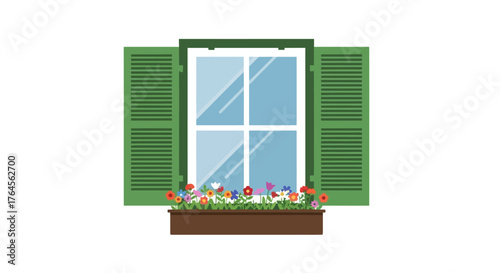 A window with green shutters and a flower box filled with colorful flowers