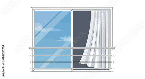 Sliding glass door with balcony and curtains