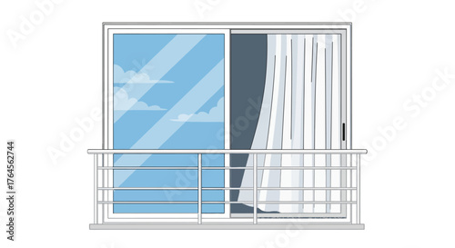 Balcony with sliding glass doors and sheer curtains