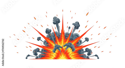 Stylized explosion with orange flames red streaks and grey smoke plumes