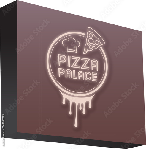 Pizza slice restaurant logo displays neon art and chef hat in a minimalist design with dark background