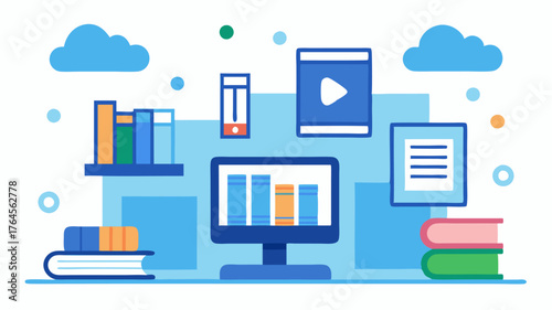 A resource center with video tutorials infographics and downloadable materials arranged in a visually appealing digital library.