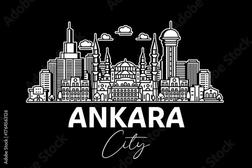 Ankara, Turkey architecture line skyline illustration with shadows. Linear vector cityscape with famous landmarks, city sights, design icons.