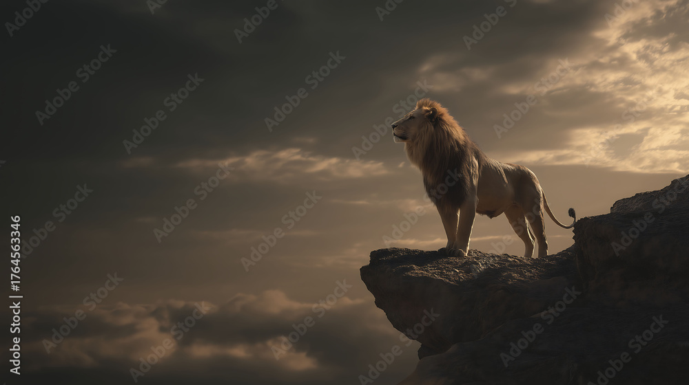 Fototapeta premium Majestic lion standing on cliff