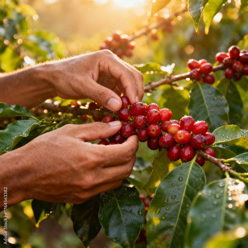 Obraz premium Hands carefully selecting and picking ripe, vibrant red coffee cherries from branch on lush, sun-drenched coffee plant during a beautiful morning harvest.