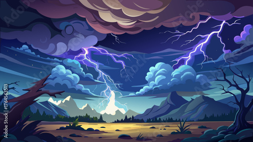 Very beautiful thunderstorm unfolding with dramatic lightning streaks illuminating thick rolling clouds against a pitch-black sky, capturing the intense power and raw beauty of nature’s wild atmospher