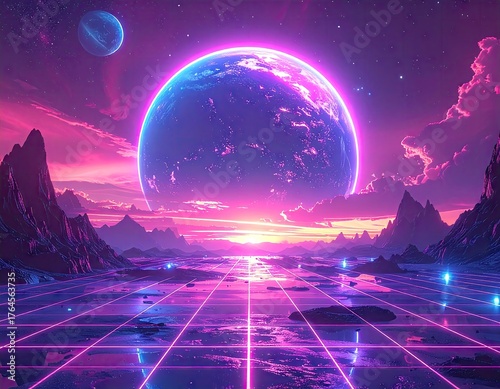 Captivating digital artwork showcasing a futuristic, vibrant landscape with a massive planet dominating the sky, illuminated by a bright neon glow amidst the stunning purple and pink hues.