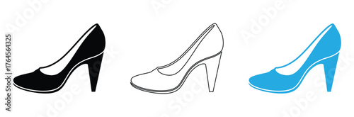 Elegant high heel shoe icons in black, outline, and blue show fashion styles,Three high heel shoe icons in black, outline and blue isolated on white background