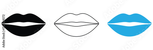 Lips icon isolated on white background.Three modern lips in black outline and blue perfect for beauty or fashion designs,Lips vector illustration isolated on white background.