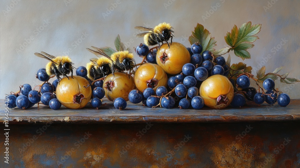 Naklejka premium Still life painting of bumblebees, yellow fruit, and dark grapes on a rustic surface