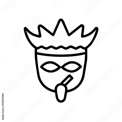 Minimal line icon of tribal mask with crown-like headdress and tongue detail

