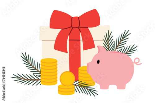 piggy bank and Christmas present; symbolizing the concept of expensive holidays, festive spending, and financial planning during Christmas season- vector illustration