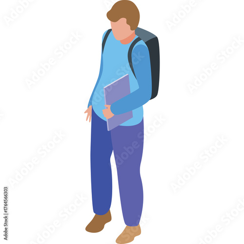 Isometric Illustration of a Person with Backpack and Laptop Walking on a White Background Representing Travel and Education Concepts